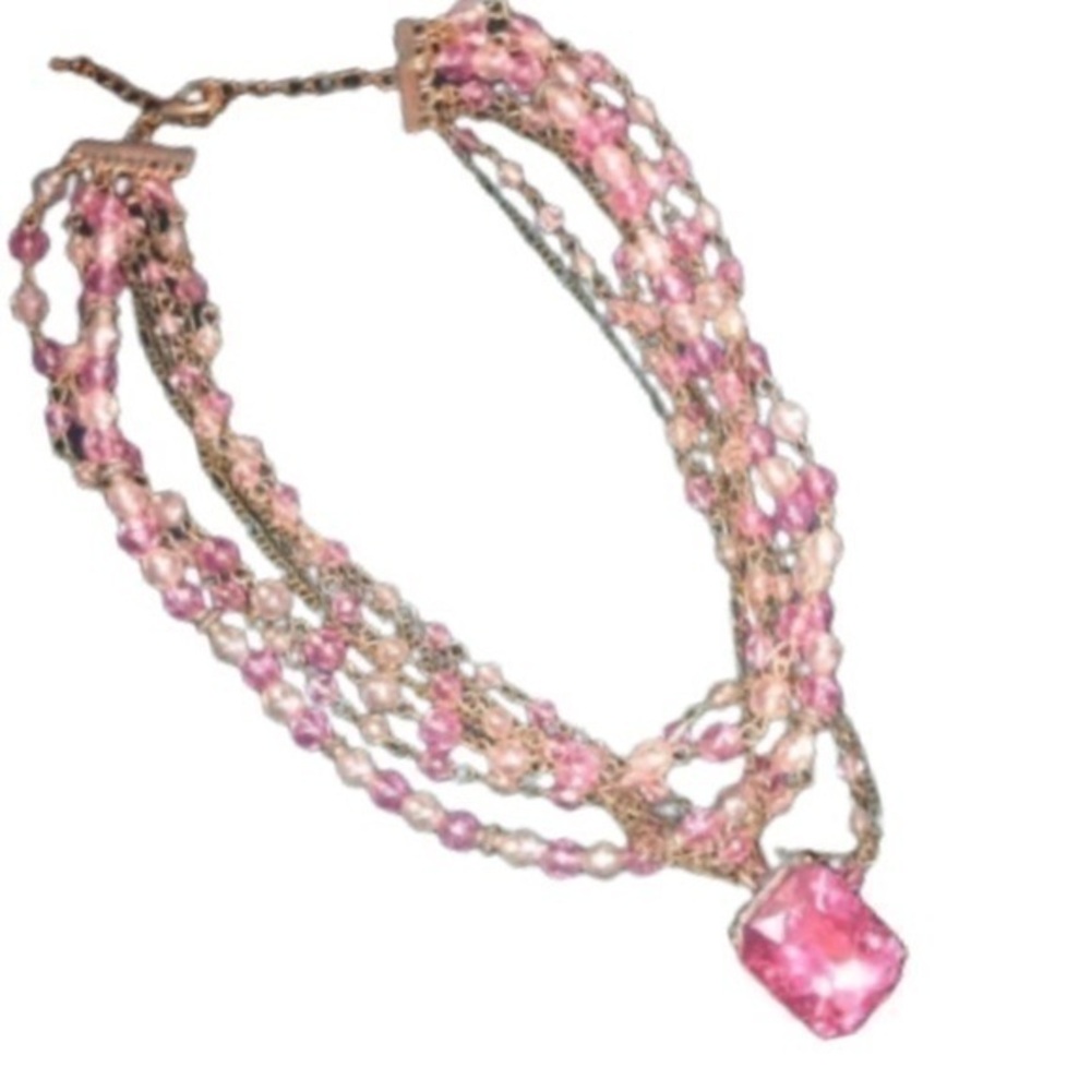 PINK BEADS AND FAUX GEM COSTUME JEWELRY NECKLACE